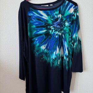 Women's 3-qtr sleeve top, black with bright floral design